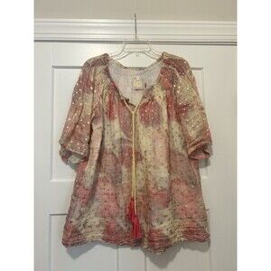 Reme Women’s Size 3X Blouse Linen Boho Short Puff Sleeve Layered Lightweight